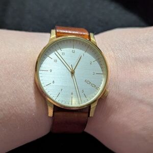 Komono The Winston Gold Tone Brown Leather Strap Unisex Watch